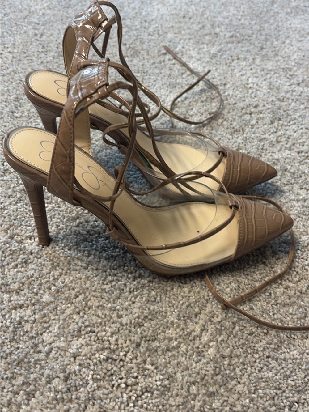 Women's Tan Strappy Pointed-Toe Heels
